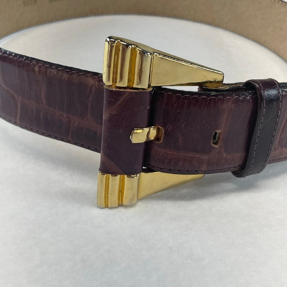 Vintage Mobwife Statement Leather Belt Burgundy Croc Embossed Gold Buckle S/M - Picture 3 of 9